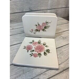 2 Pc Vintage Gibson Roseland Pink Roses Ceramic Napkin/Mail Holder & Hot Plate